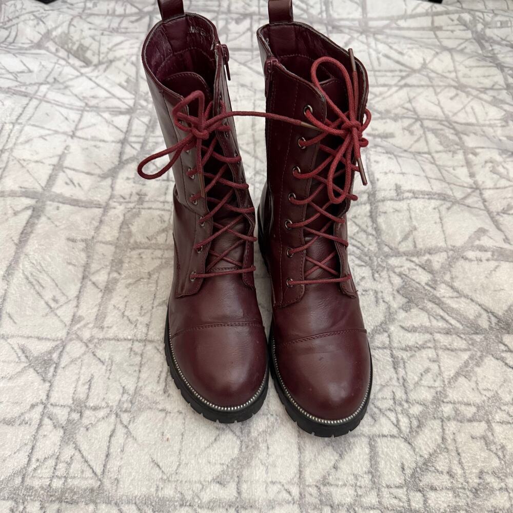Burgundy Oxblood Lace Up Combat Boots Size 8 Chunky Lug Sole Block Heel - Picture 6 of 6